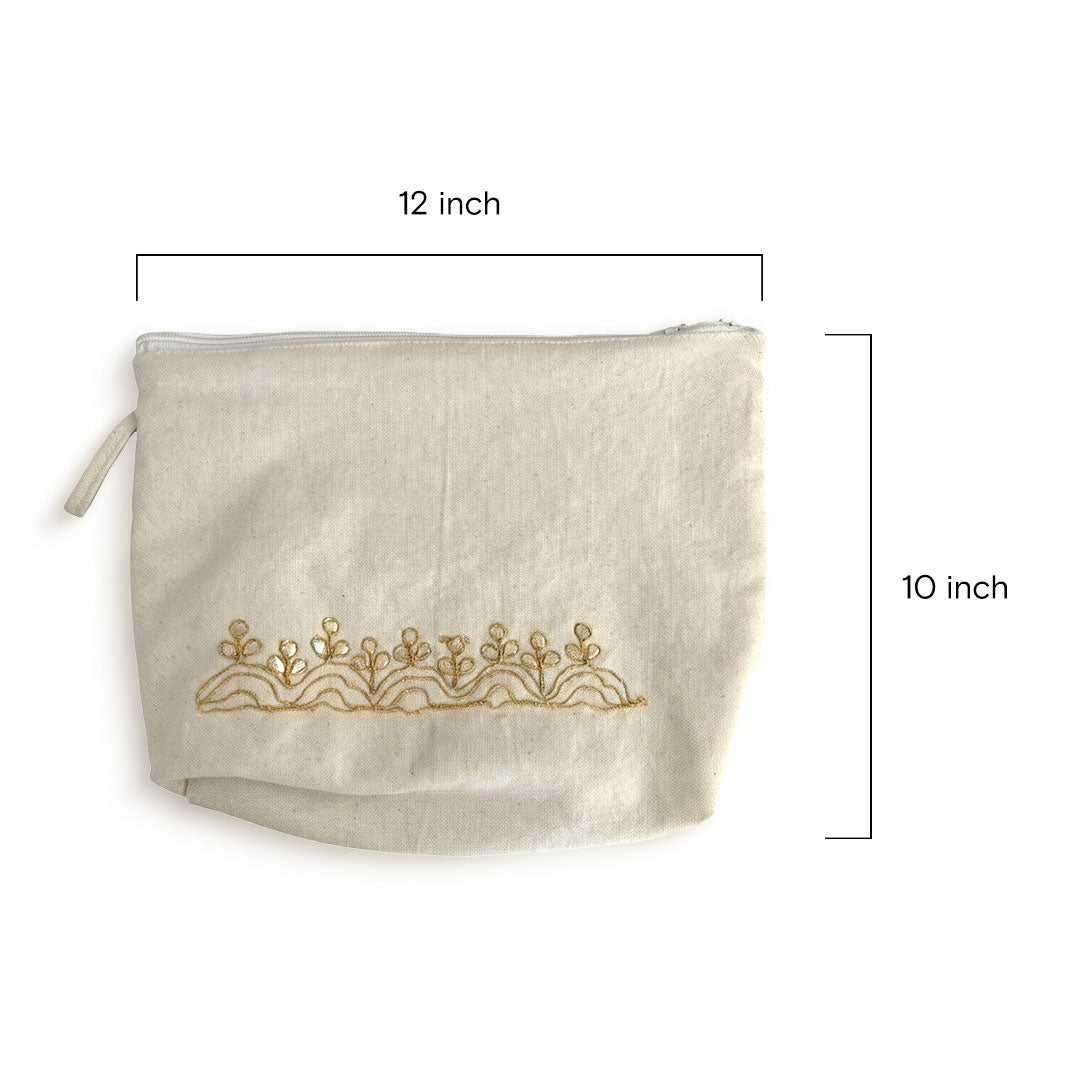 Gota Patti-Embroidered Canvas Travel Pouch - Gold Floral Motif