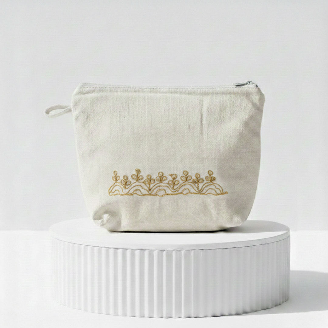 Gota Patti-Embroidered Canvas Travel Pouch - Gold Floral Motif
