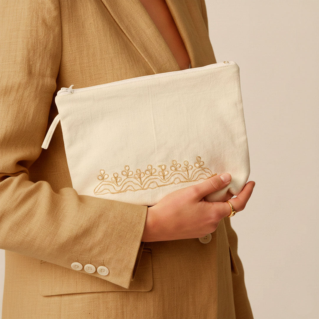 Gota Patti-Embroidered Canvas Travel Pouch - Gold Floral Motif