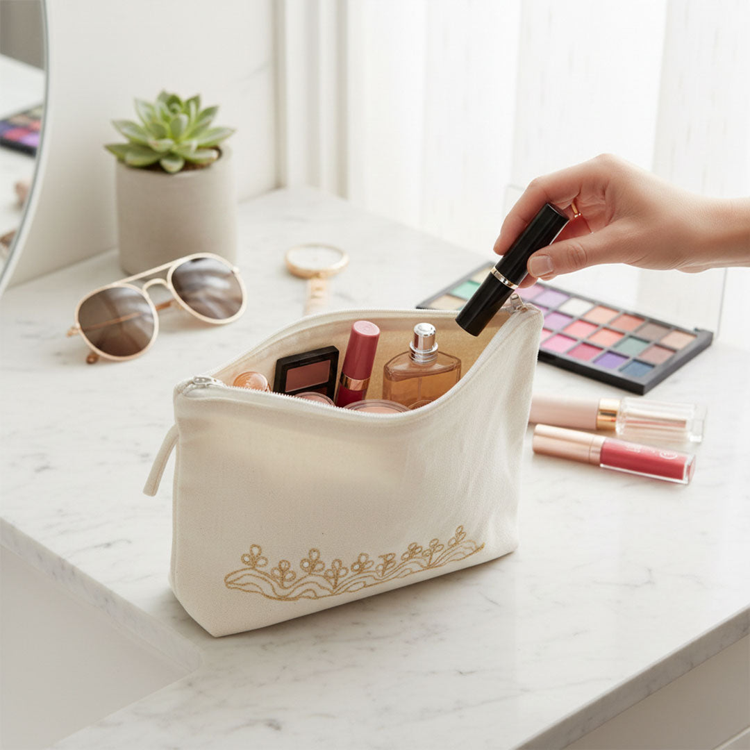 Gota Patti-Embroidered Canvas Travel Pouch - Gold Floral Motif