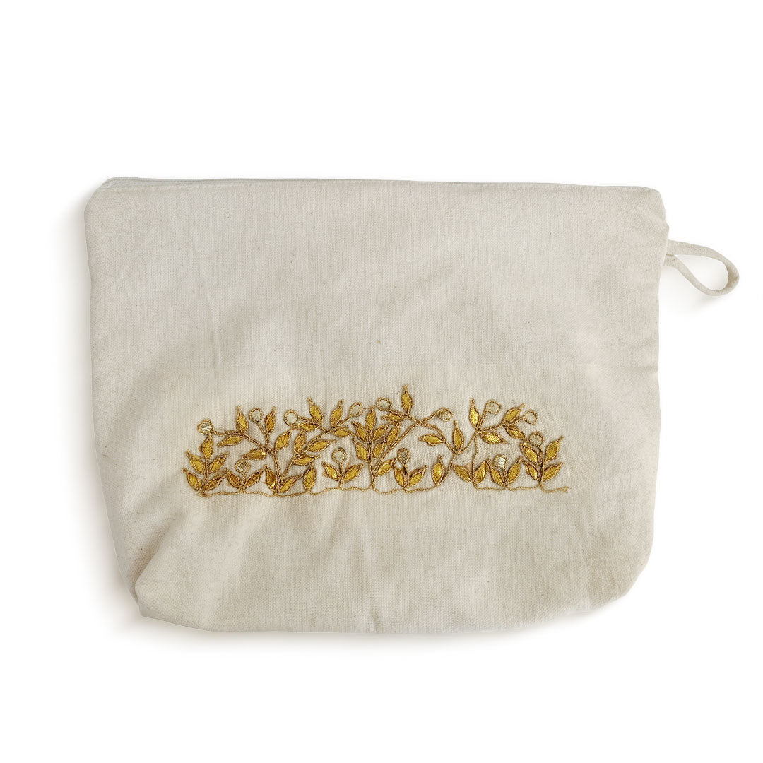 Gota Patti-Embroidered Gold Leaf Canvas Travel Pouch