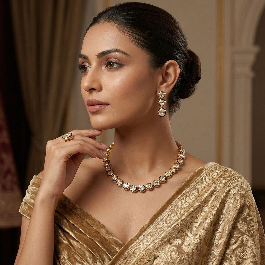 Gold-Plated Circular Kundan Necklace and Drop Earring Set