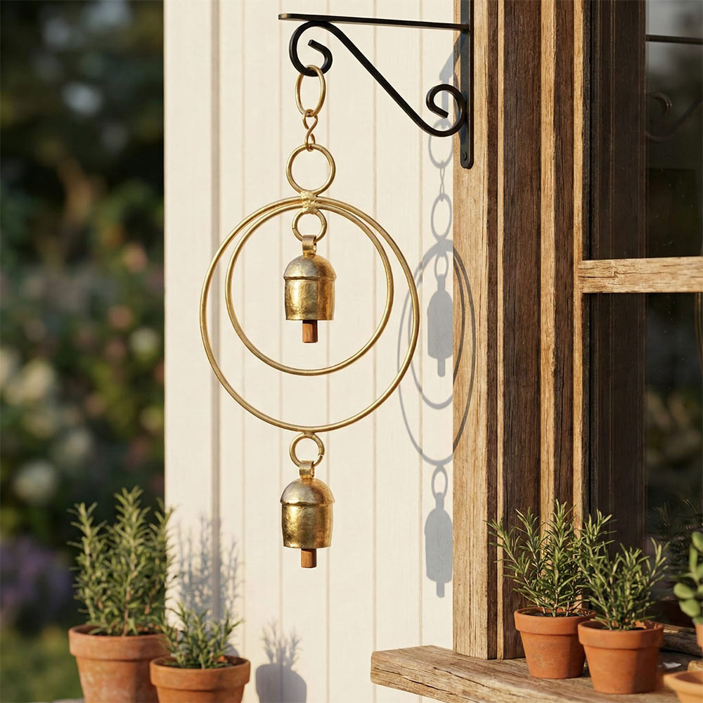 Double Ring Gold Hanging Garden Bells with Rustic Finish