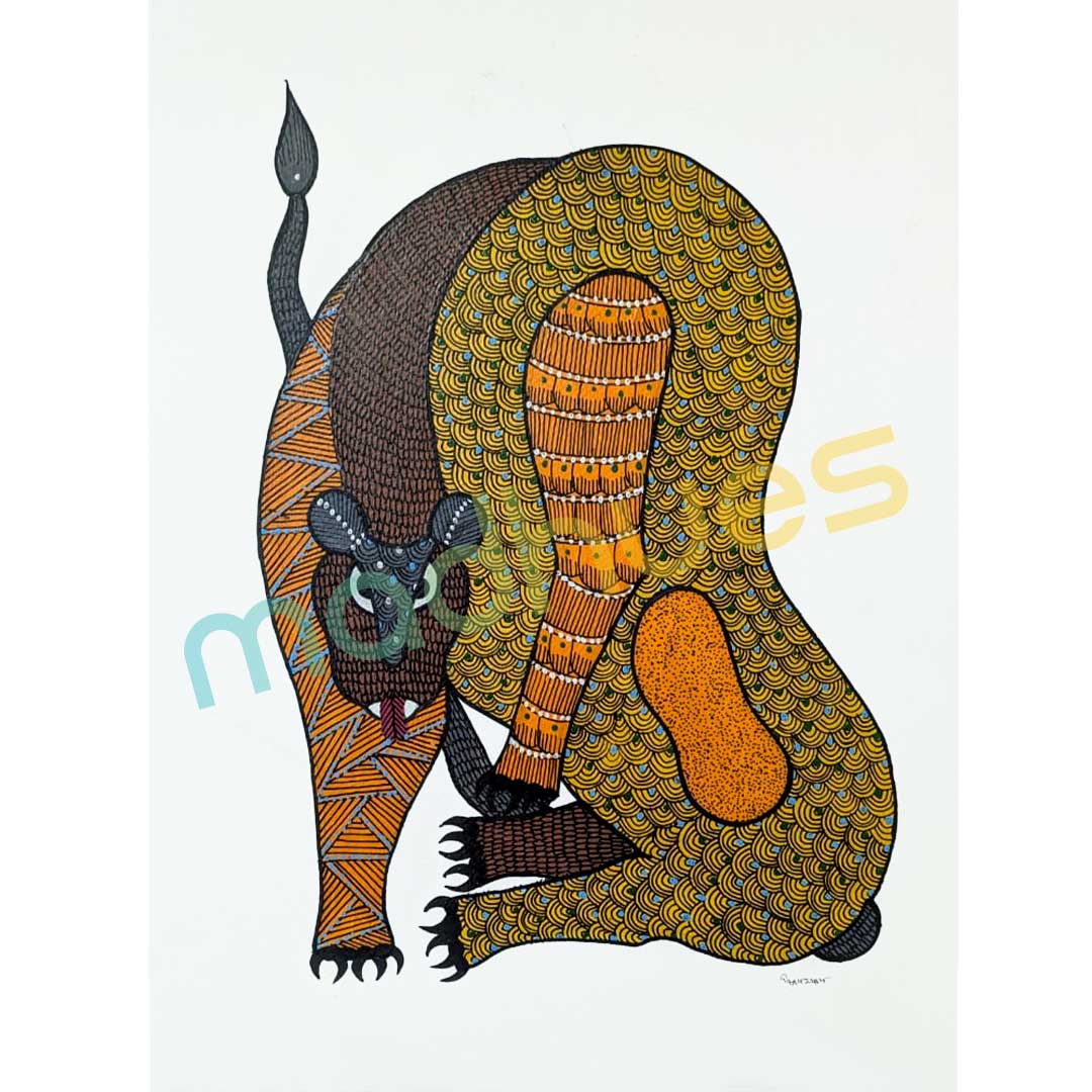 Hand-Painted Gond Art - Stylized Animal Figure on Paper