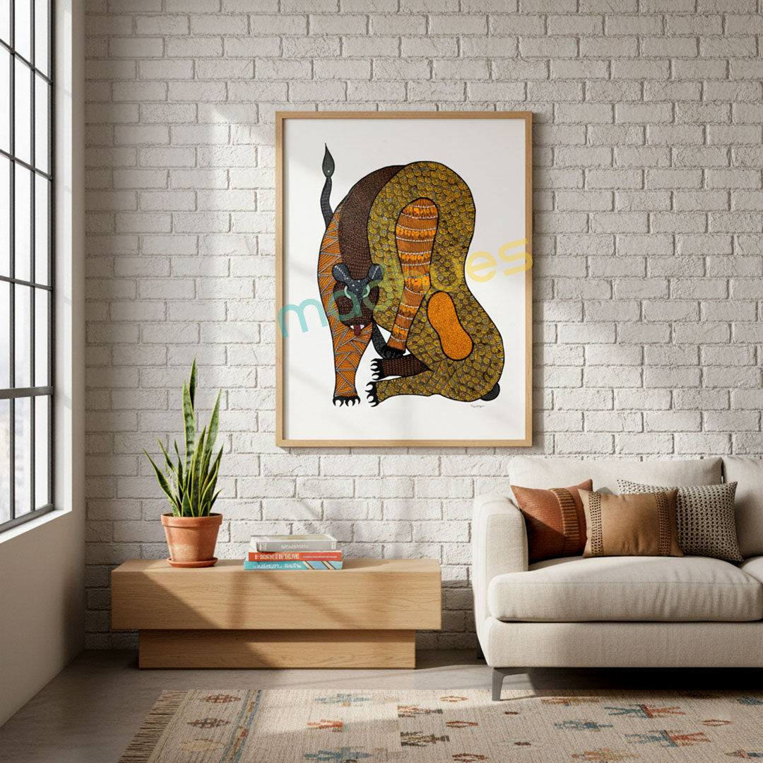 Hand-Painted Gond Art - Stylized Animal Figure on Paper