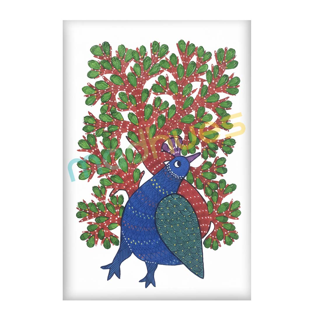 Gond Art: Stylized Blue Bird and Tree Painting on Paper