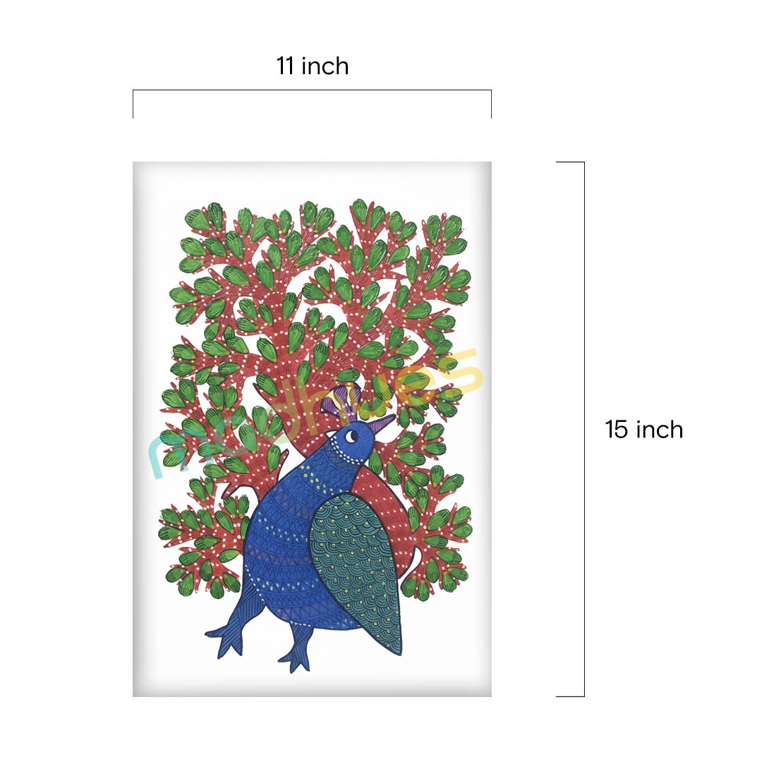 Gond Art: Stylized Blue Bird and Tree Painting on Paper