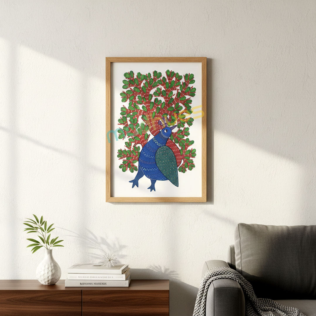 Gond Art: Stylized Blue Bird and Tree Painting on Paper