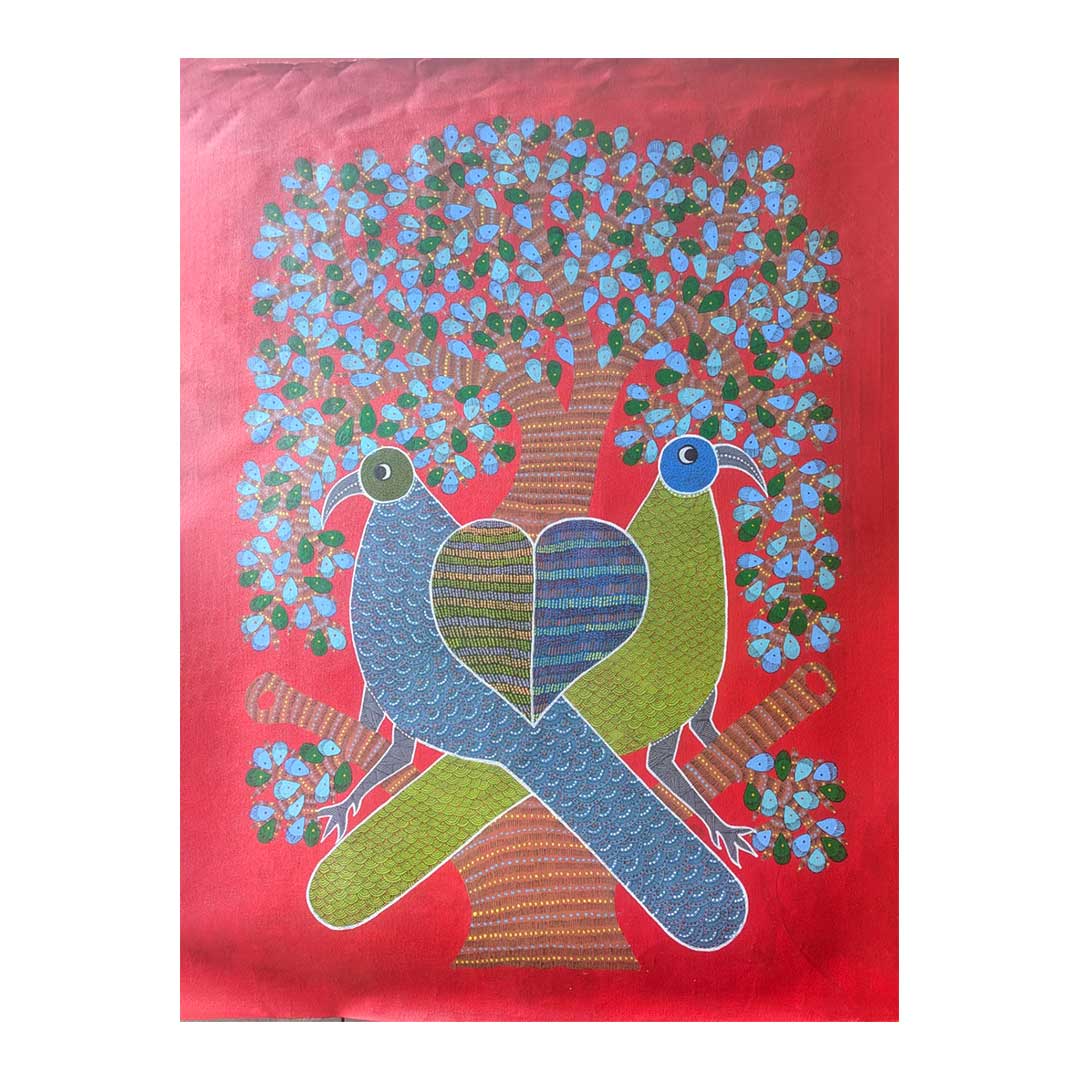 Gond Art Painting - Two Birds and Tree of Life on Paper