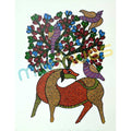 Traditional Gond Art Deer and Birds Painting on Paper