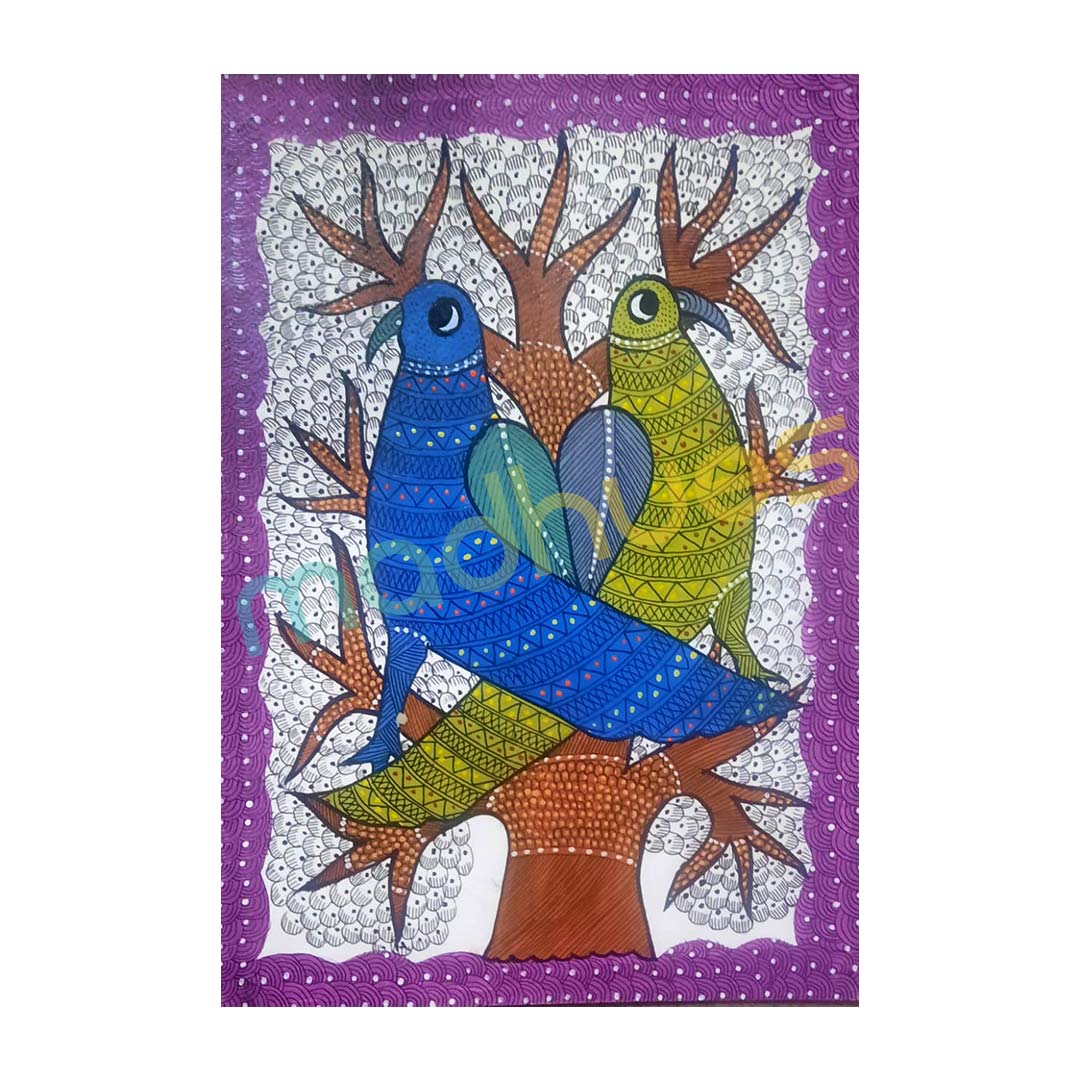 Gond Art Birds Painting - Traditional Indian Folk Art on Paper