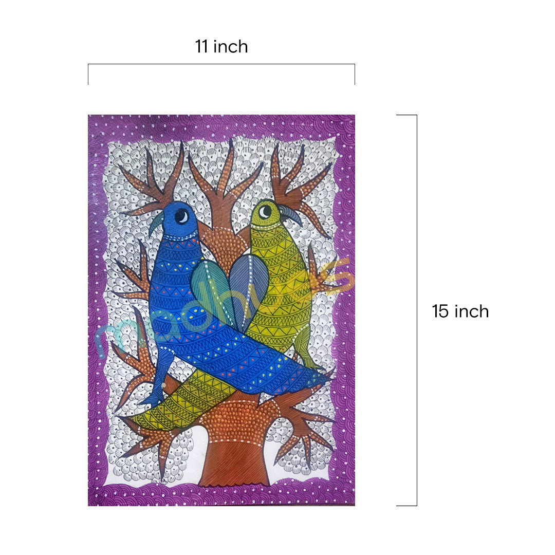 Gond Art Birds Painting - Traditional Indian Folk Art on Paper