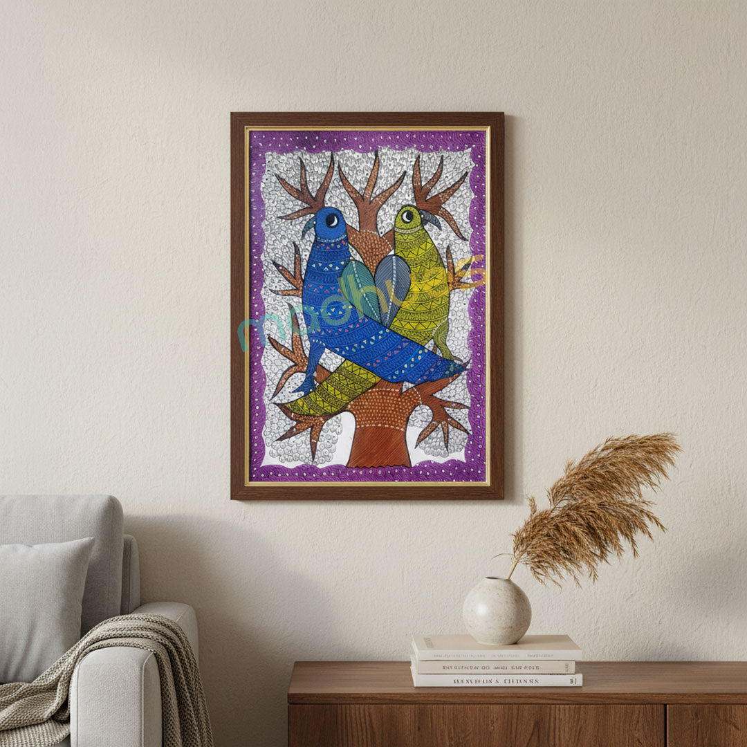 Gond Art Birds Painting - Traditional Indian Folk Art on Paper