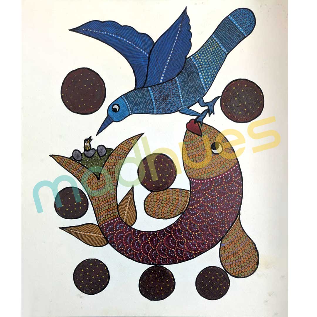 Gond Art Bird and Fish Hand-Painted Folk Art on Paper