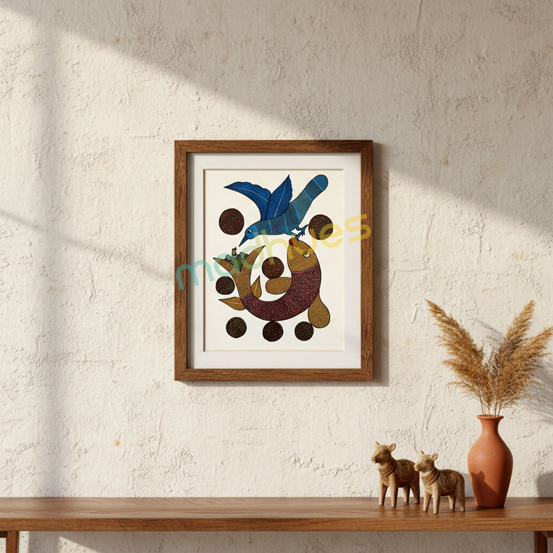 Gond Art Bird and Fish Hand-Painted Folk Art on Paper