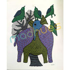 Gond Art Elephant and Birds - Hand-Painted Tribal Artwork