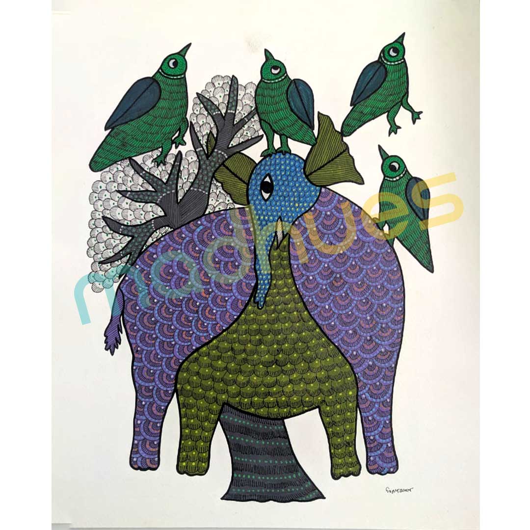 Gond Art Elephant and Birds - Hand-Painted Tribal Artwork