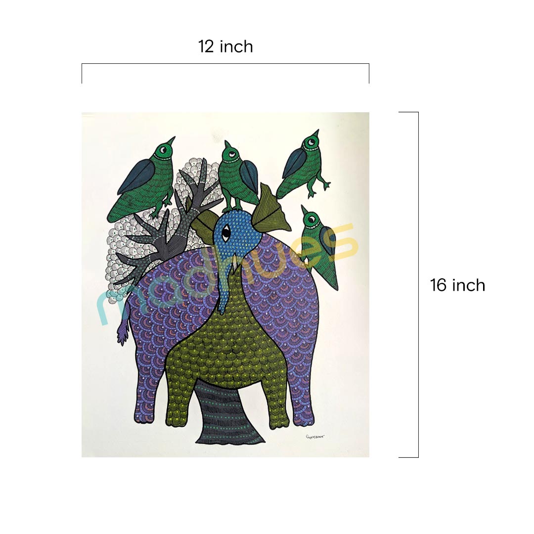 Gond Art Elephant and Birds - Hand-Painted Tribal Artwork