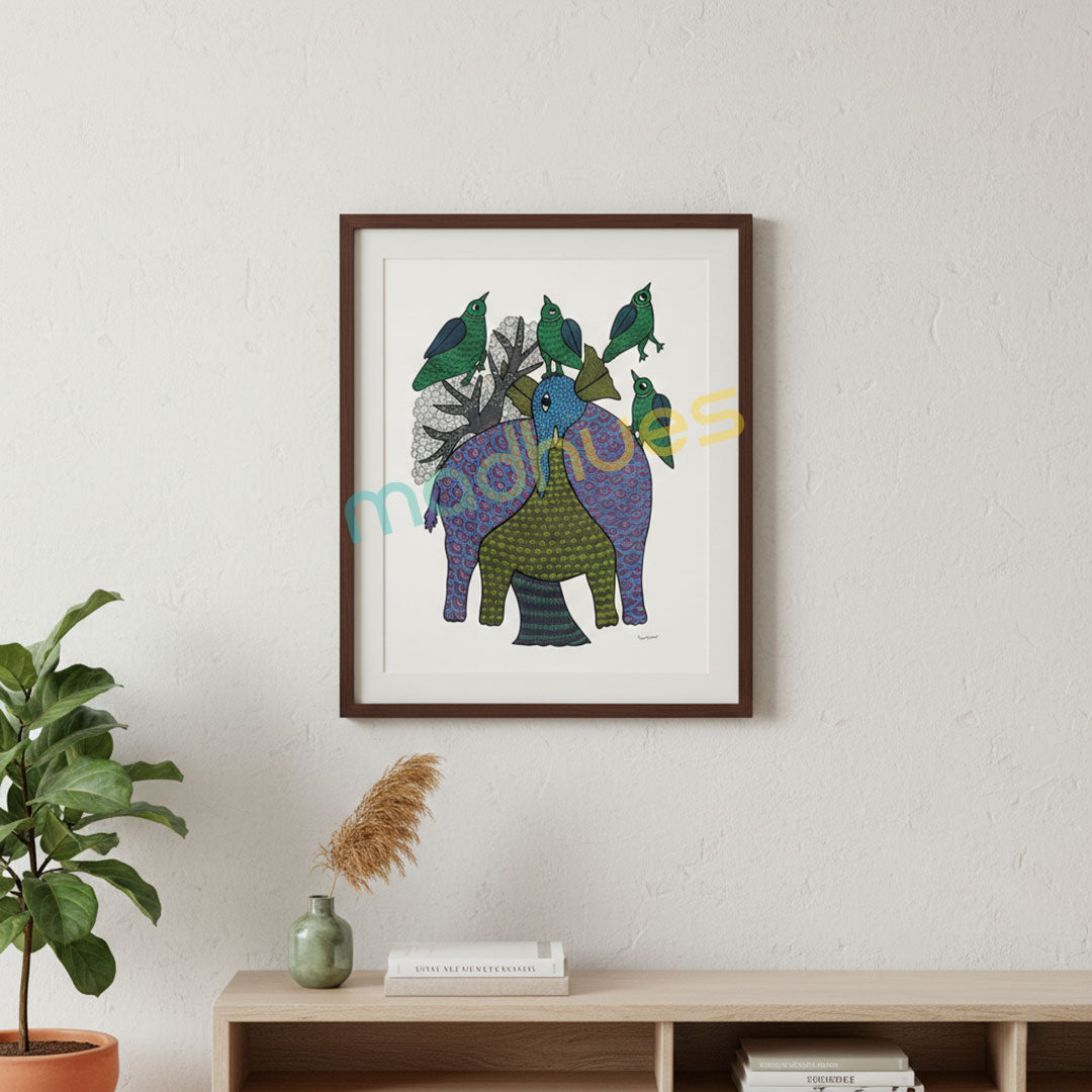 Gond Art Elephant and Birds - Hand-Painted Tribal Artwork