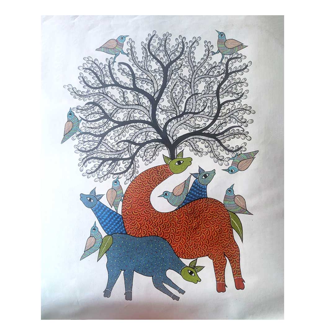 Hand-Painted Gond Art Tree of Life and Deer Painting