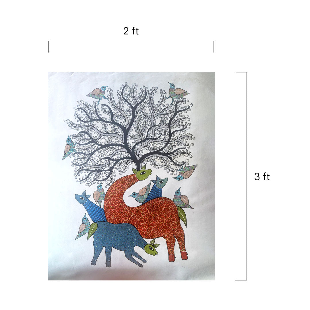 Hand-Painted Gond Art Tree of Life and Deer Painting