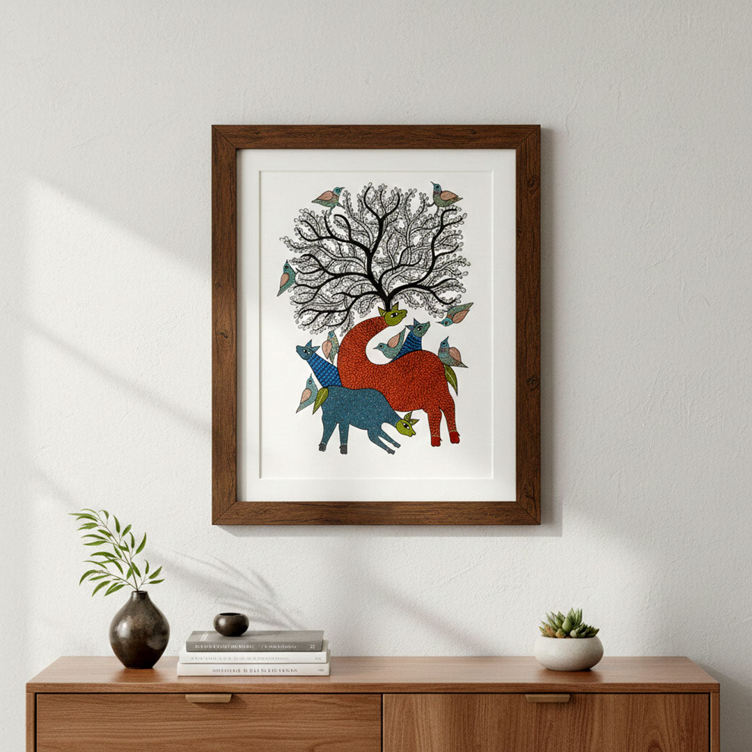 Hand-Painted Gond Art Tree of Life and Deer Painting