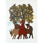 Gond Art: Deers & Birds Under the Tree Hand-Painted Paper