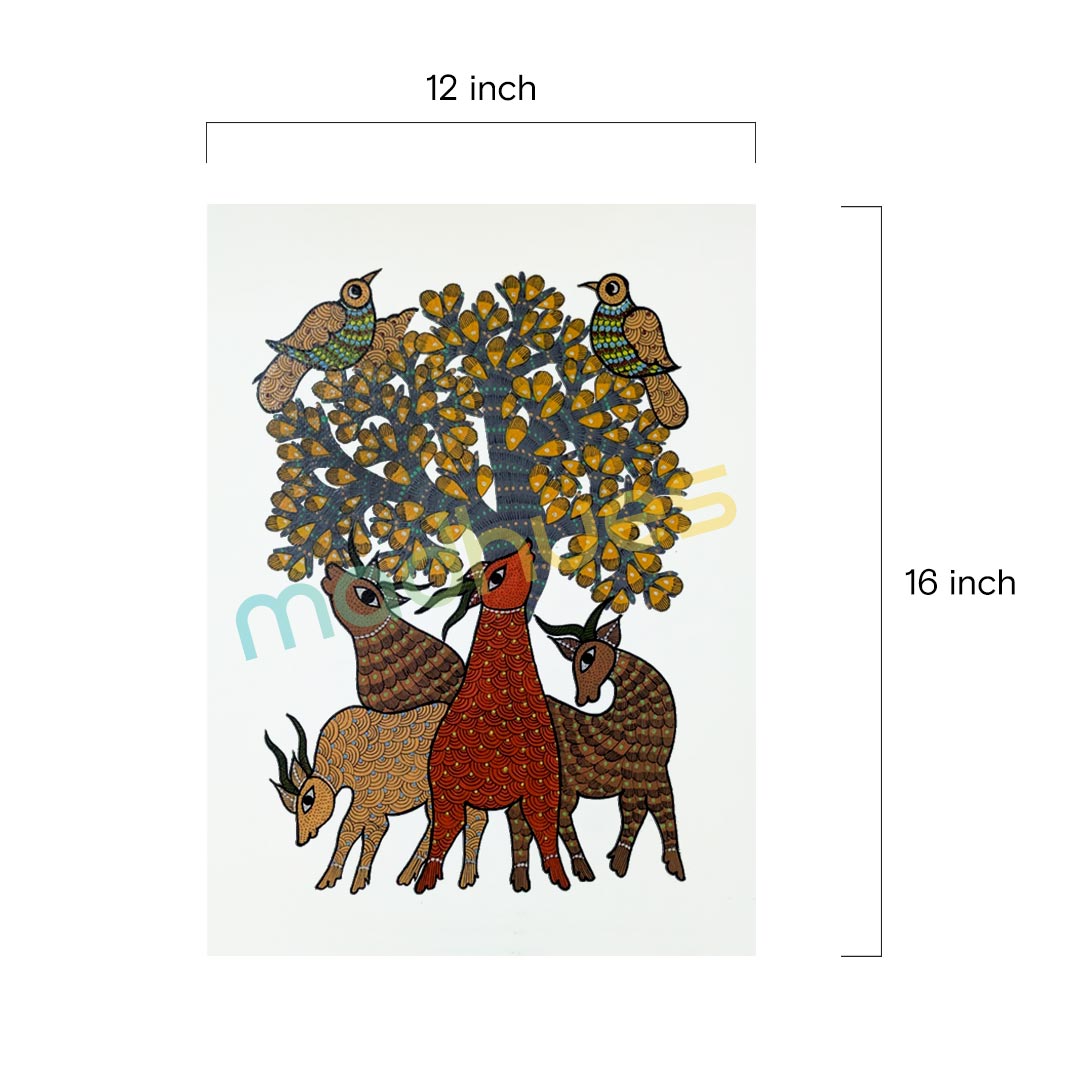 Gond Art: Deers & Birds Under the Tree Hand-Painted Paper