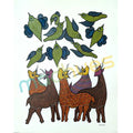 Gond Art Hand-Painted Birds and Deer Folk Art on Paper