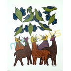 Gond Art Hand-Painted Birds and Deer Folk Art on Paper