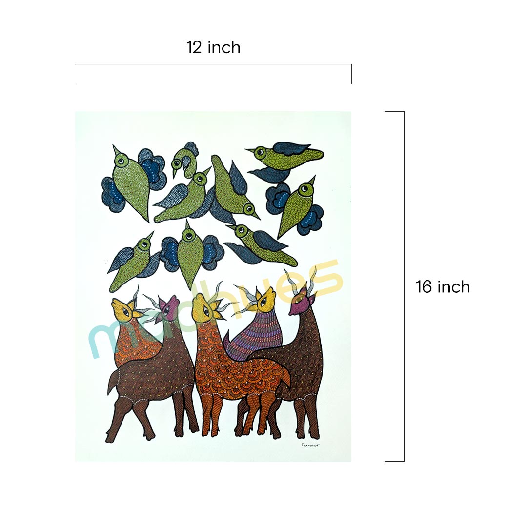Gond Art Hand-Painted Birds and Deer Folk Art on Paper