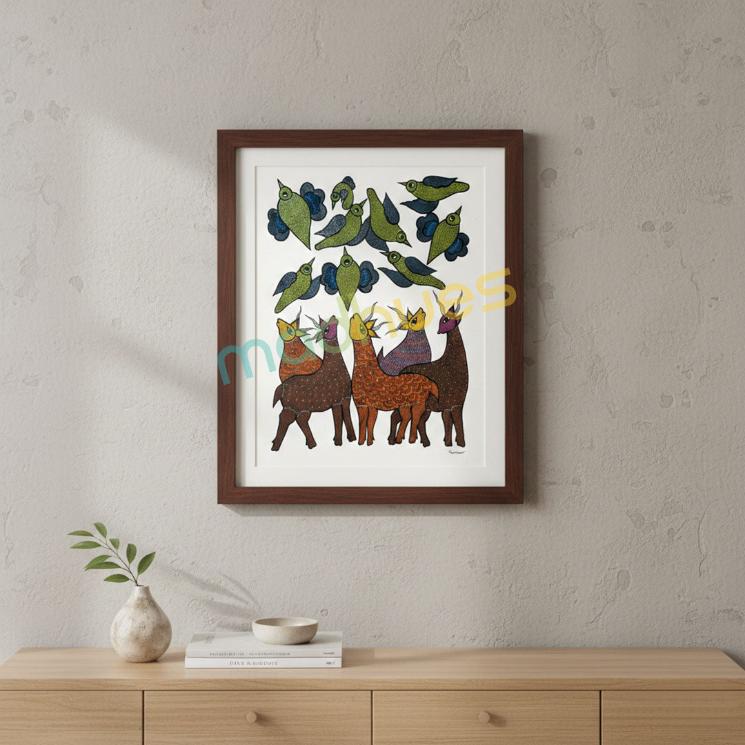Gond Art Hand-Painted Birds and Deer Folk Art on Paper