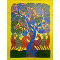 Colorful artwork of animals around a tree on a yellow background