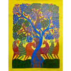 Colorful artwork of animals around a tree on a yellow background