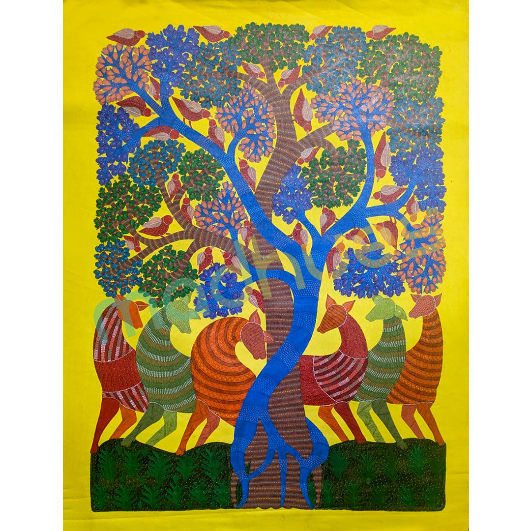 Colorful artwork of animals around a tree on a yellow background