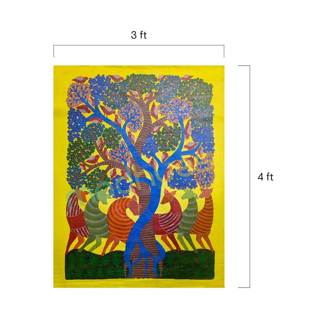 Handmade Gond Art Tree of Life with Deer Painting on Paper