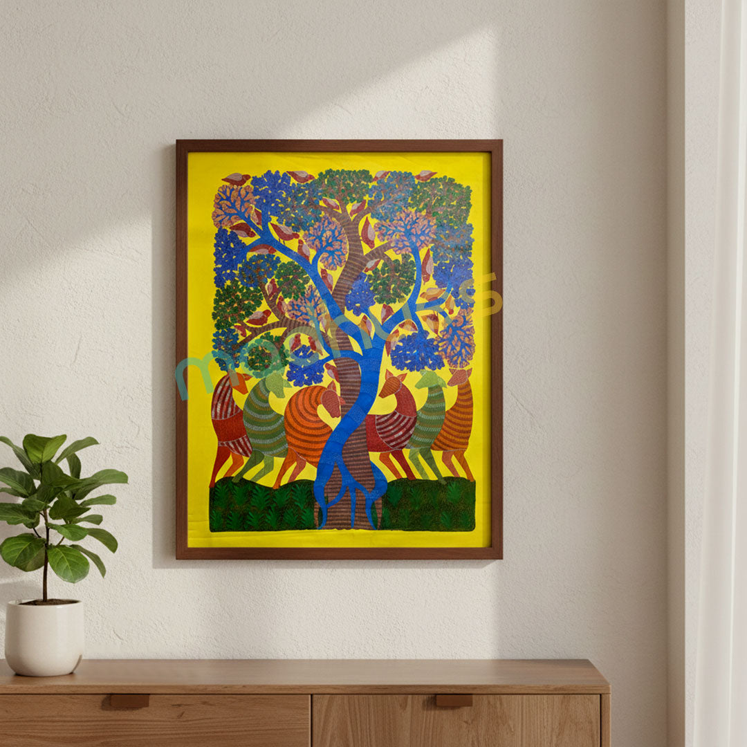 Handmade Gond Art Tree of Life with Deer Painting on Paper