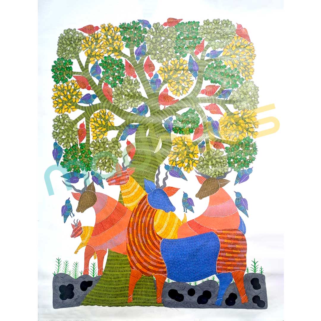 Handmade Gond Art Painting on Paper - Tree of Life with Deer