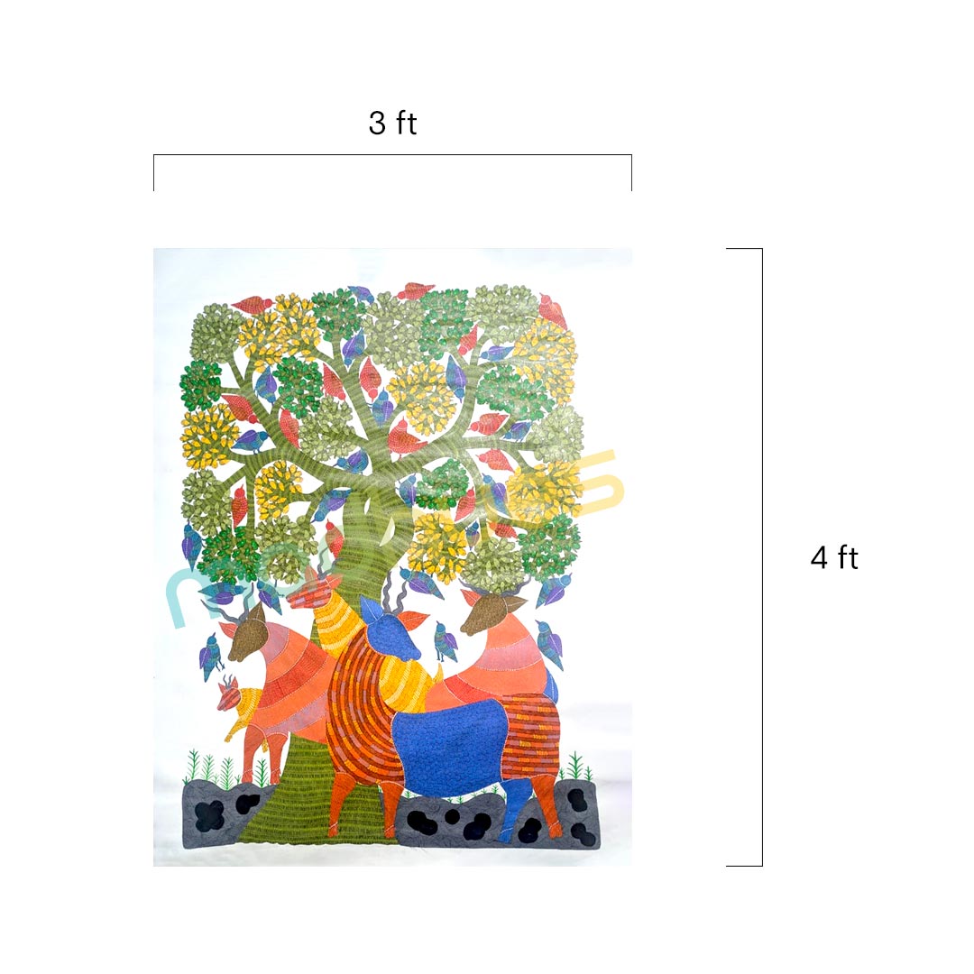 Handmade Gond Art Painting on Paper - Tree of Life with Deer