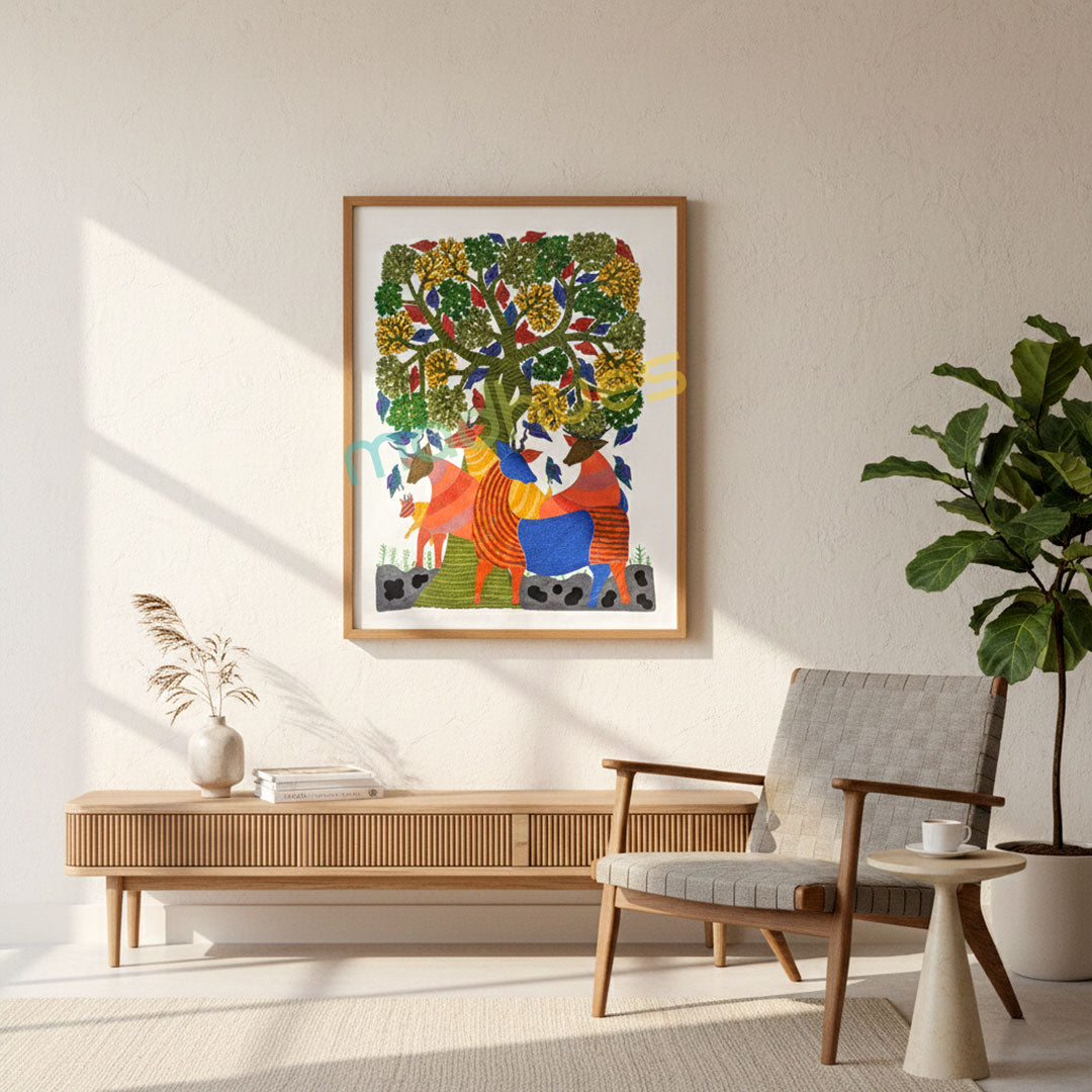 Handmade Gond Art Painting on Paper - Tree of Life with Deer