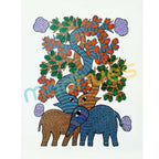 Gond Art Elephants and Tree Painting - Original Tribal Art on Paper