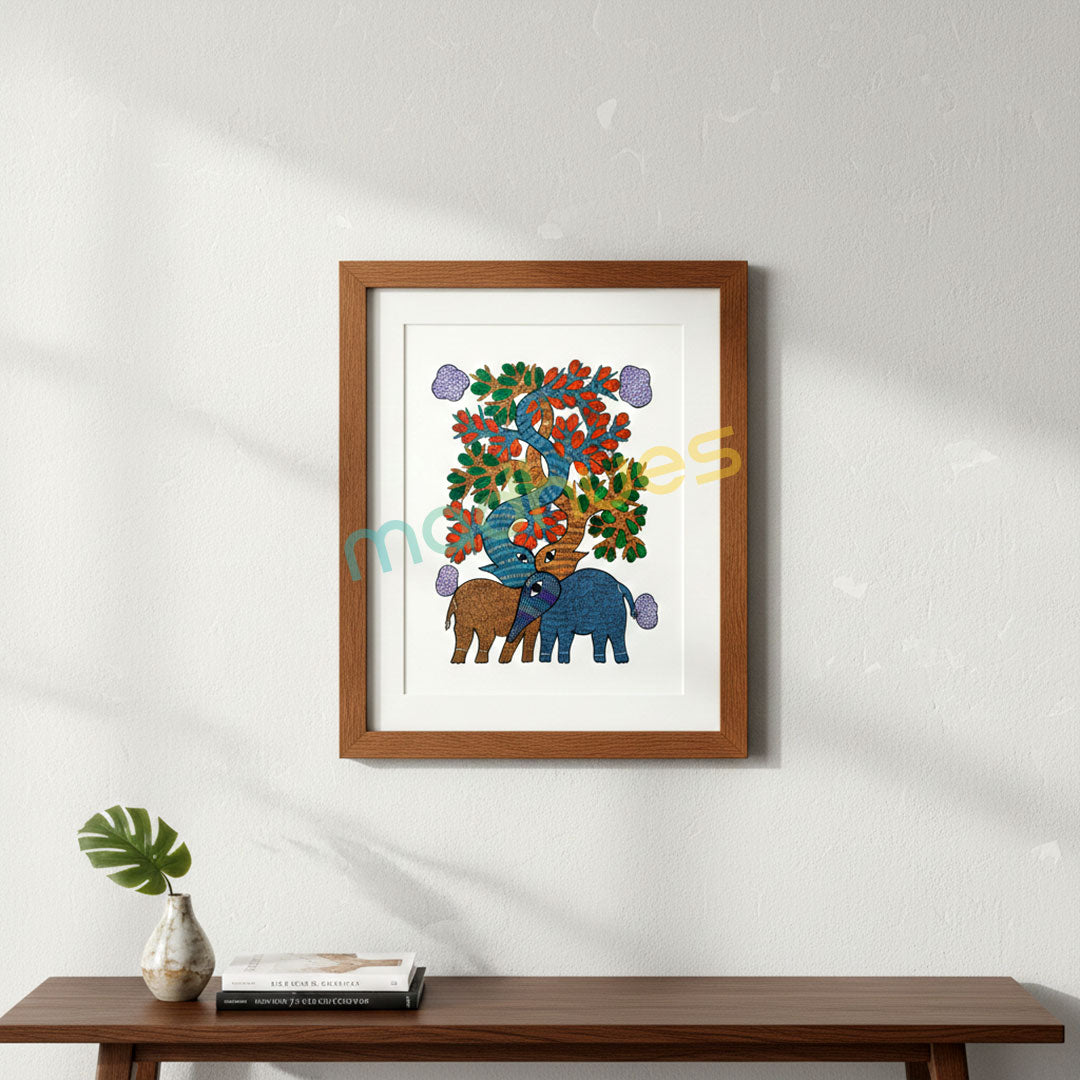 Gond Art Elephants and Tree Painting - Original Tribal Art on Paper