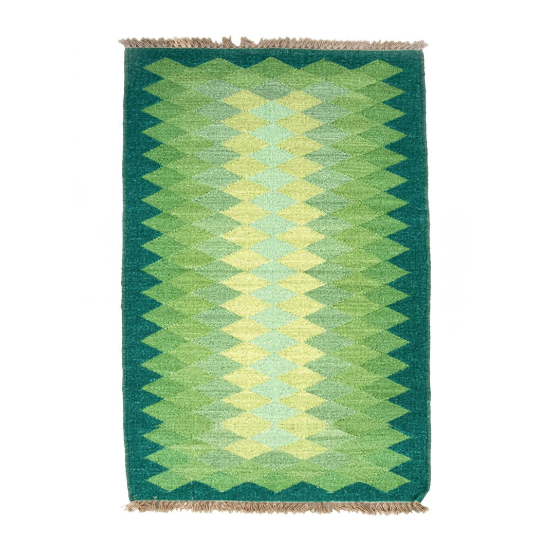 Gradient Diamond Kilim Rug - Handwoven Green & Yellow