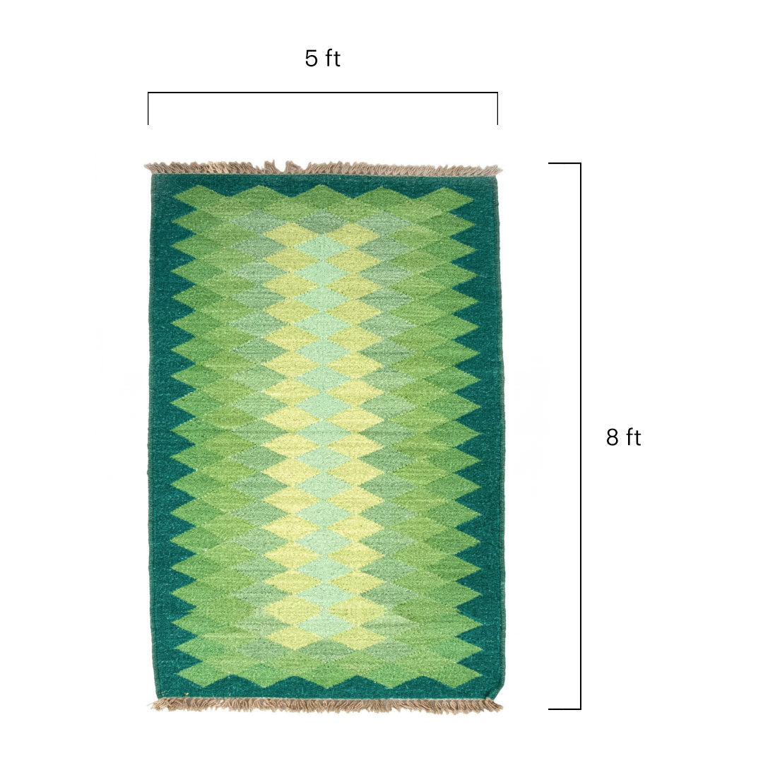 Gradient Diamond Kilim Rug - Handwoven Green & Yellow