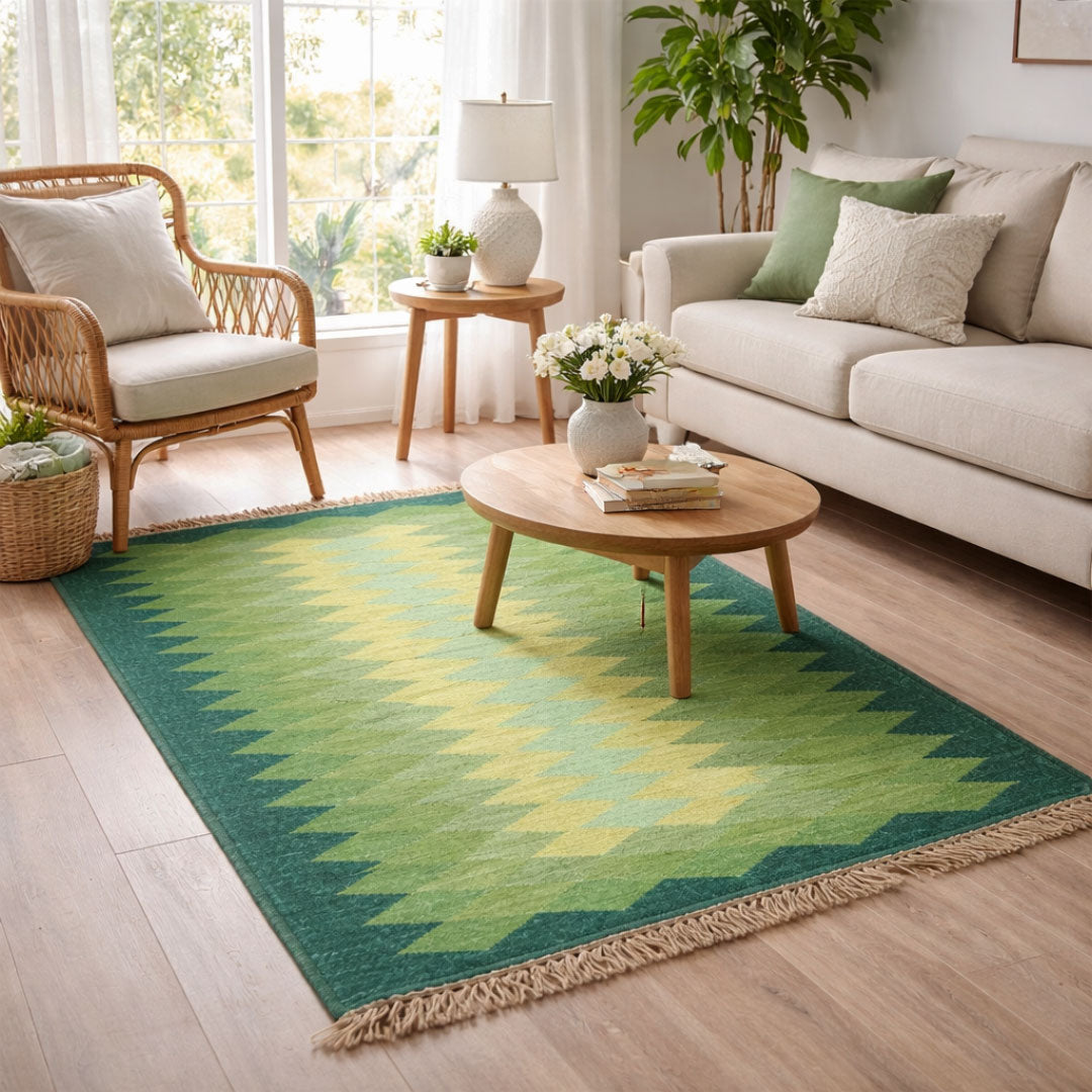Gradient Diamond Kilim Rug - Handwoven Green & Yellow