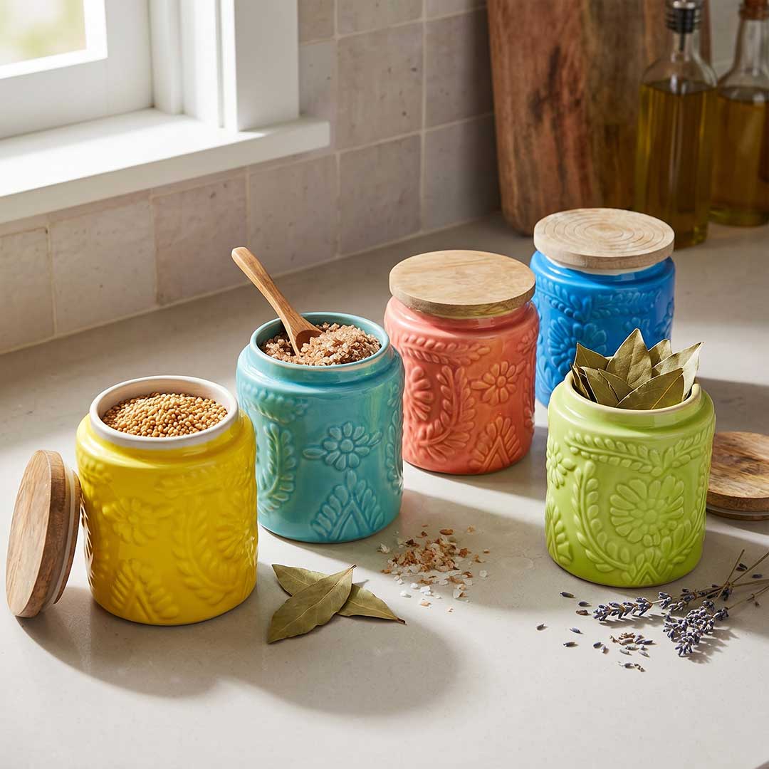 Handcrafted Assorted Embossed Floral Ceramic Jar Set