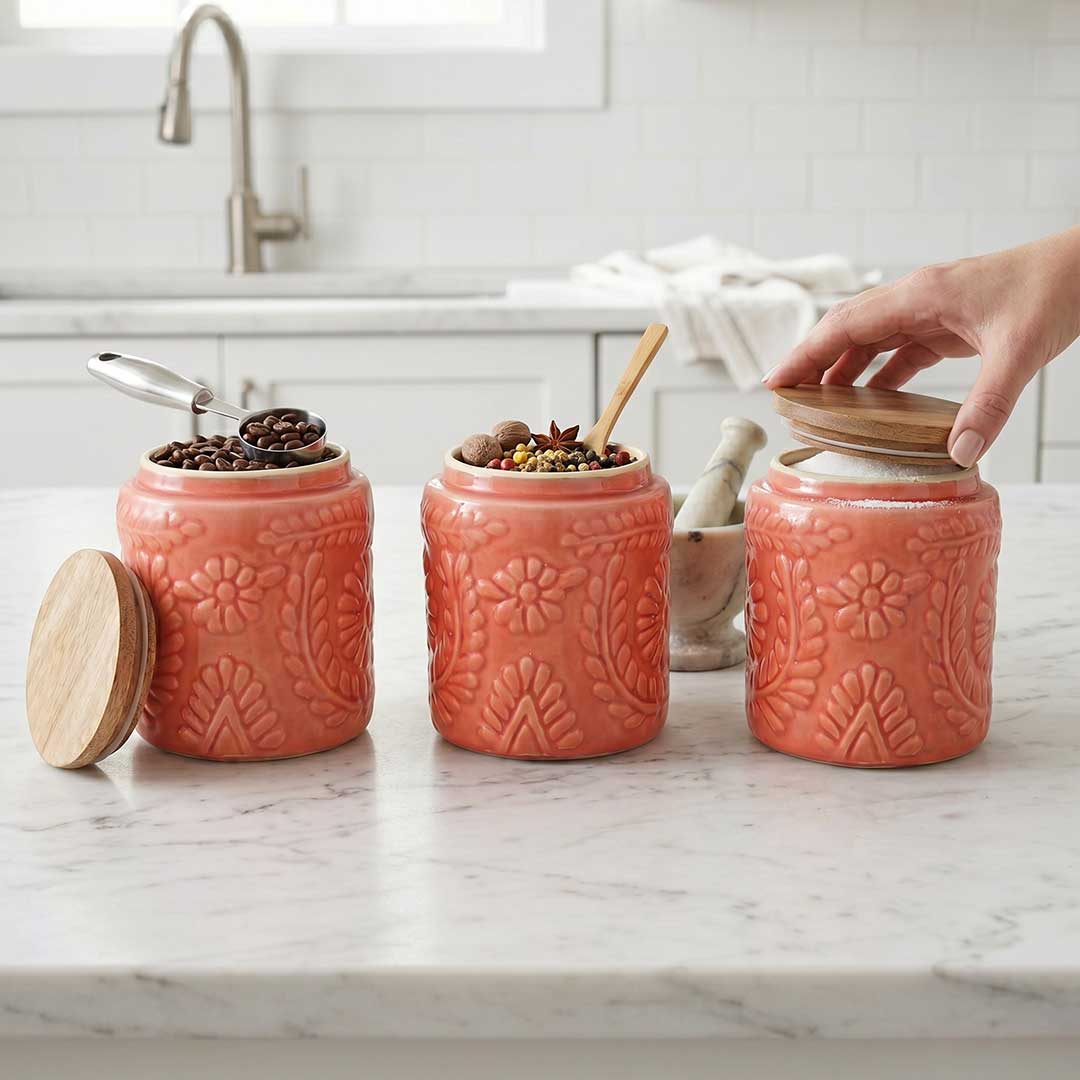 Handcrafted Assorted Embossed Floral Ceramic Jar Set