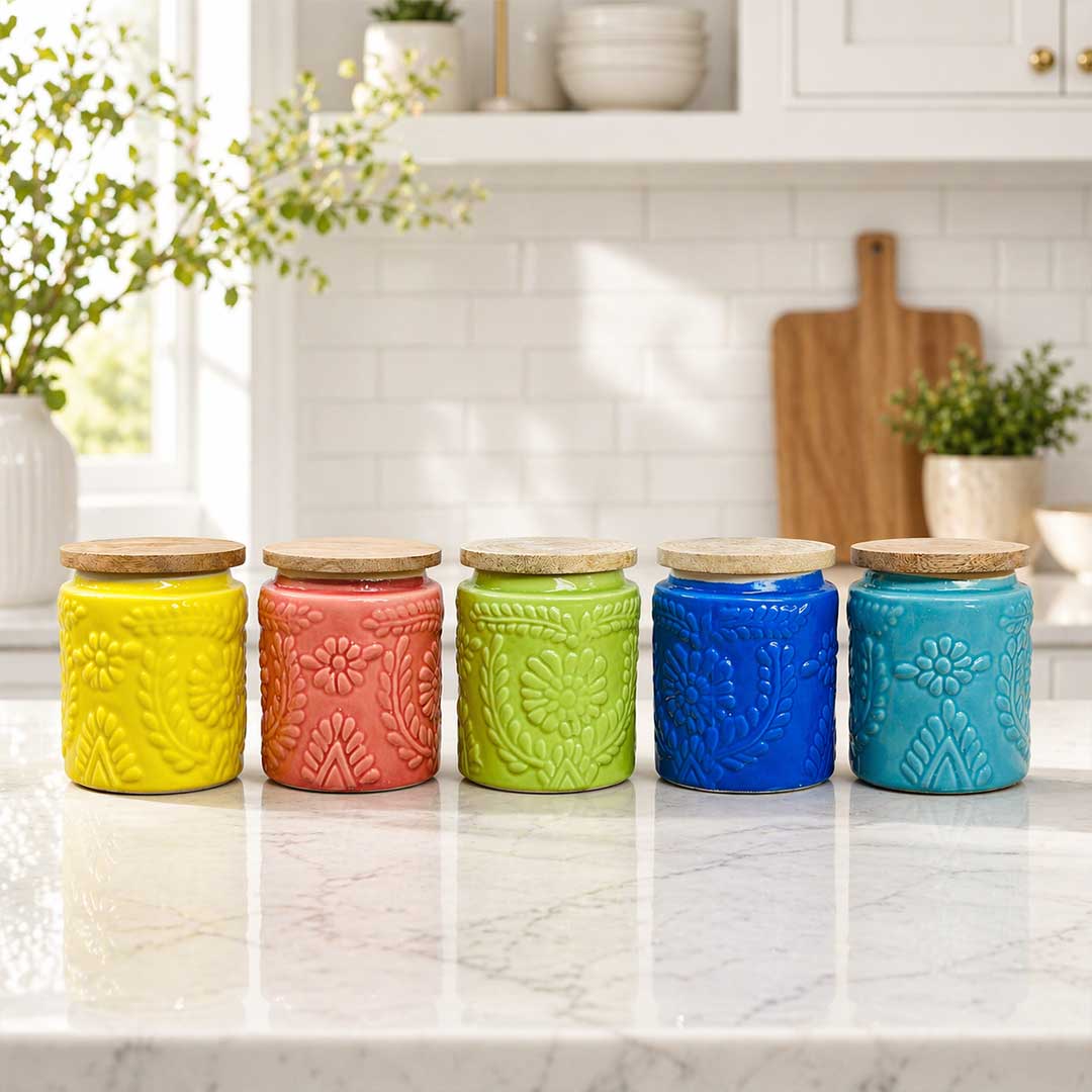 Handcrafted Assorted Embossed Floral Ceramic Jar Set
