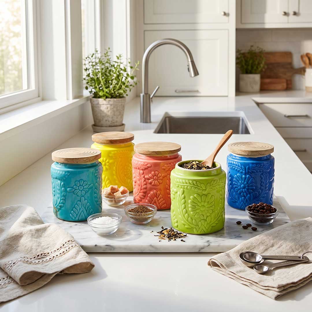 Handcrafted Assorted Embossed Floral Ceramic Jar Set