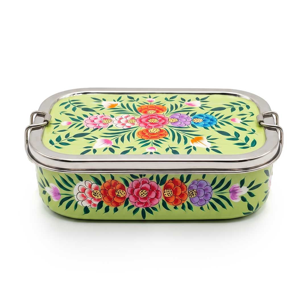 Pistachio Green Floral Hand Painted Stainless Steel Tiffin Box
